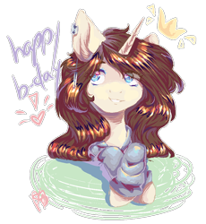 Size: 792x861 | Tagged: safe, artist:prettyshinegp, derpibooru import, oc, oc only, pony, unicorn, bust, ear piercing, earring, female, happy birthday, horn, jewelry, mare, piercing, solo, unicorn oc