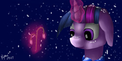 Size: 2000x1000 | Tagged: safe, artist:ryma2001, derpibooru import, twilight sparkle, pony, ears, female, floppy ears, flower, glowing, glowing horn, horn, magic, snow, snowfall, solo, telekinesis