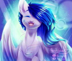 Size: 2667x2249 | Tagged: safe, artist:prettyshinegp, derpibooru import, oc, oc only, pegasus, pony, abstract background, bust, female, hair over one eye, mare, pegasus oc, signature, smiling, solo, wings