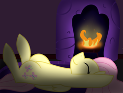 Size: 400x300 | Tagged: safe, artist:fluttershydaily, derpibooru import, fluttershy, eyes closed, fire, fireplace, hooves up, legs in air, lying down, on back