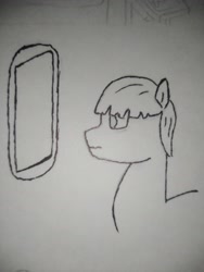 Size: 3120x4160 | Tagged: safe, artist:valuable ashes, derpibooru import, earth pony, pony, bags under eyes, mirror, solo, traditional art, worried