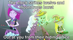 Size: 1280x714 | Tagged: safe, derpibooru import, edit, edited screencap, screencap, fuchsia blush, lavender lace, trixie, human, equestria girls, rainbow rocks, astronomy, blue oyster cult, caption, image macro, song reference, text, trio, trixie and the illusions