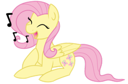 Size: 400x262 | Tagged: safe, artist:fluttershydaily, derpibooru import, fluttershy, pegasus, pony, eyes closed, lying down, music notes, open mouth, open smile, prone, simple background, singing, smiling, transparent background