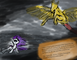 Size: 893x693 | Tagged: safe, artist:obsequiosity, derpibooru import, rarity, pony, unicorn, fanfic:the flight of the alicorn, fanfic art, female, ocean, rain, water