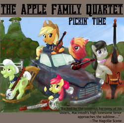 Size: 1429x1417 | Tagged: safe, artist:obsequiosity, derpibooru import, apple bloom, applejack, big macintosh, granny smith, octavia melody, earth pony, pony, apple family, band, banjo, cello, female, guitar, male, musical instrument, violin