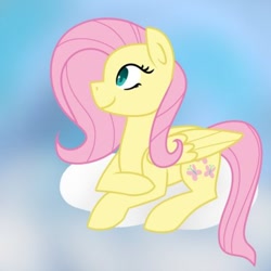 Size: 400x400 | Tagged: safe, artist:fluttershydaily, derpibooru import, fluttershy, cloud, lying down, lying on a cloud, on a cloud, prone, sky, smiling