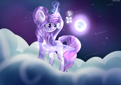 Size: 2881x2017 | Tagged: safe, artist:harmonyvitality-yt, derpibooru import, oc, oc only, butterfly, pony, cloud, female, full moon, glowing, glowing horn, horn, magic, mare, moon, night, on a cloud, palindrome get, shooting star, solo, stars, telekinesis