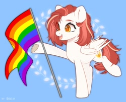 Size: 1934x1572 | Tagged: safe, artist:shelti, derpibooru import, oc, oc only, pegasus, pony, art trade, blue background, colored pupils, female, flag, folded wings, gay pride flag, hoof heart, mare, open mouth, pride, pride flag, raised hoof, raised leg, simple background, underhoof, wings