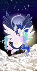 Size: 1024x1983 | Tagged: safe, artist:eqq_scremble, artist:pagophasia, derpibooru exclusive, derpibooru import, princess celestia, princess luna, alicorn, classical unicorn, pony, unicorn, collaboration, backlighting, cloud, cloven hooves, colored hooves, curved horn, dawn, duo, ear tufts, ears, ethereal mane, ethereal tail, eyes closed, female, floppy ears, flying, frog (hoof), halo, holding hooves, horn, hug, leonine tail, nuzzling, royal sisters, sibling love, siblings, sisterly love, sisters, smiling, spread wings, stars, tail, tail hug, underhoof, unshorn fetlocks, wings