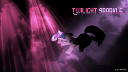 Size: 1920x1080 | Tagged: safe, artist:hsldoperator, artist:nsaiuvqart, derpibooru import, edit, twilight sparkle, unicorn twilight, pony, unicorn, birthday dress, clothes, cloud, dancing, do the sparkle, dress, eyes closed, female, happy, lighting, mare, name, open mouth, open smile, raised leg, smiling, solo, stars, wallpaper, wallpaper edit, watermark