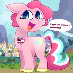 Size: 894x894 | Tagged: safe, artist:generalconceptofacat, pinkie pie, earth pony, pony, button, dialogue, different hairstyle, female, looking at you, mare, mouthpiece, open mouth, pink mane, ponyville, pride, pride flag, solo, speech bubble, talking to viewer, transgender, transgender pride flag, unshorn fetlocks