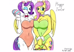 Size: 3491x2475 | Tagged: safe, artist:killerteddybear94, derpibooru import, fluttershy, rarity, anthro, pegasus, unicorn, basket, big breasts, breasts, bunny suit, bunnyshy, clothes, cuffs (clothes), duo, duo female, easter, easter egg, eyelashes, female, holiday, hootershy, huge breasts, legs together, leotard, looking at you, one eye closed, raritits, smiling, traditional art, wink