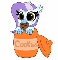 Size: 3973x4096 | Tagged: safe, artist:kittyrosie, derpibooru import, oc, oc only, oc:ocean breeze, oc:ocean breeze (savygriffs), classical hippogriff, hippogriff, pony, beak, beak hold, blushing, chocolate chip cookie, commission, cookie, cookie jar, cute, food, freckles, glasses, hippogriff oc, mouth hold, nom, ocbetes, oceanbetes, simple background, solo, white background, wide eyes, ych result, your character here