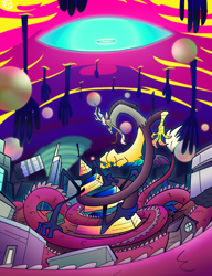 Size: 4000x5200 | Tagged: safe, artist:carbonated-jem, derpibooru import, discord, draconequus, abstract background, bill cipher, city, cityscape, crossover, fight, gravity falls, male, tornado, vs, weirdmageddon 4: somewhere in the woods