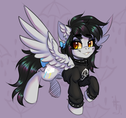 Size: 1244x1165 | Tagged: safe, artist:falafeljake, derpibooru import, oc, oc only, oc:lightning dee, pegasus, pony, bow, bring me the horizon, choker, clothes, colored sclera, commission, ear fluff, ears, female, hoodie, mare, raised hoof, raised leg, solo, spiked choker, spiked wristband, spread wings, tail, tail bow, wings, wristband