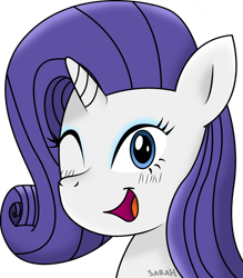 Size: 1024x1170 | Tagged: safe, artist:sarahstudios11, derpibooru import, rarity, pony, unicorn, bust, female, mare, one eye closed, portrait, simple background, smiling, solo, wink