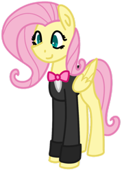 Size: 400x563 | Tagged: safe, artist:fluttershydaily, derpibooru import, fluttershy, bowtie, simple background, smiling, standing, tailcoat, transparent background