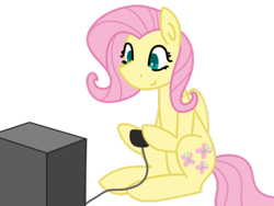 Size: 400x300 | Tagged: safe, artist:fluttershydaily, derpibooru import, fluttershy, controller, gamershy, simple background, sitting, smiling, television, transparent background