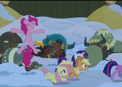 Size: 562x403 | Tagged: safe, derpibooru import, screencap, applejack, fluttershy, pinkie pie, prince rutherford, rarity, twilight sparkle, twilight sparkle (alicorn), alicorn, earth pony, pegasus, pony, unicorn, not asking for trouble, cropped, offscreen character, snow