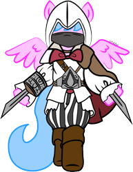 Size: 719x932 | Tagged: safe, artist:sarahstudios11, derpibooru import, oc, oc only, oc:artie brush, pegasus, assassin's creed, cape, clothes, cosplay, costume, dagger, female, hood, mare, pegasus oc, solo, vector, weapon