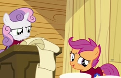 Size: 596x383 | Tagged: safe, derpibooru import, screencap, scootaloo, sweetie belle, one bad apple