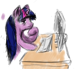 Size: 546x492 | Tagged: safe, artist:obsequiosity, derpibooru import, twilight sparkle, pony, computer, female, simple background, solo, white background