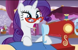 Size: 625x403 | Tagged: safe, derpibooru import, screencap, rarity, canterlot boutique, adorkable, dork, glasses, rarity's glasses, sewing machine, solo