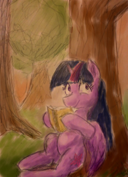 Size: 690x961 | Tagged: safe, artist:obsequiosity, derpibooru import, twilight sparkle, twilight sparkle (alicorn), alicorn, pony, book, female, nature, reading, solo, tree