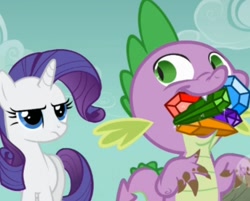 Size: 690x554 | Tagged: safe, derpibooru import, screencap, rarity, spike, a dog and pony show, cropped, gem, mud