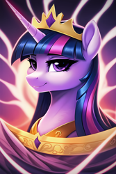 Size: 2048x3072 | Tagged: safe, derpibooru import, editor:montaraz13, generator:novelai, generator:stable diffusion, machine learning generated, twilight sparkle, twilight sparkle (alicorn), alicorn, pony, unicorn, abstract background, bust, crown, female, jewelry, looking at you, portrait, queen twilight, regal, regalia, ruler, smiling, smiling at you, solo