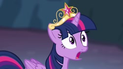 Size: 1280x720 | Tagged: safe, derpibooru import, screencap, twilight sparkle, twilight sparkle (alicorn), alicorn, big crown thingy, crown, element of magic, episode needed, jewelry, open mouth, regalia, shocked, shocked expression, solo