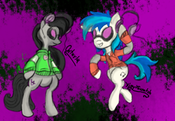 Size: 1378x952 | Tagged: safe, artist:phillnana, derpibooru import, dj pon-3, octavia melody, vinyl scratch, earth pony, pony, unicorn, clothes, female, headphones, mare, music, shirt