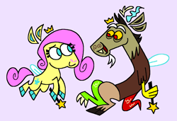 Size: 1316x900 | Tagged: safe, artist:msponies, derpibooru import, discord, fluttershy, draconequus, pony, g4, alternate cutie mark, claws, cloven hooves, colored hooves, crown, duo, duo male and female, fairy, female, hoof hold, horns, jewelry, looking at each other, looking at someone, magic wand, male, ms paint, open mouth, open smile, regalia, simple background, smiling, spread wings, style emulation, tail, the fairly oddparents, wings, yellow sclera