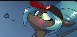 Size: 372x179 | Tagged: safe, artist:chrysalisdraws, derpibooru import, edit, queen chrysalis, anthro, changeling, changeling queen, blushing, cap, cropped, hat, heart, smiling, solo