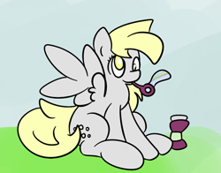 Size: 1058x830 | Tagged: safe, artist:phillnana, derpibooru import, derpy hooves, pegasus, pony, blowing bubbles, bubble, female, grass, mare, solo