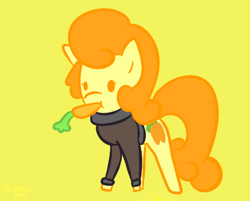 Size: 526x423 | Tagged: safe, artist:phillnana, derpibooru import, carrot top, golden harvest, pony, carrot, chibi, clothes, female, food, mare, mouth hold, shirt, simple background, solo