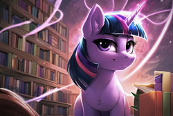 Size: 3072x2048 | Tagged: safe, derpibooru import, editor:montaraz13, generator:novelai, generator:stable diffusion, machine learning generated, twilight sparkle, pony, unicorn, abstract background, bookshelf, chest fluff, ear fluff, ears, female, glowing, glowing horn, horn, librarian, library, looking at you, magic, smiling, smiling at you, solo, space, space background