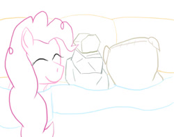 Size: 650x512 | Tagged: safe, artist:jimthecactus, derpibooru import, madame leflour, pinkie pie, rocky, earth pony, pony, bed, blanket, cargo ship, eyes closed, female, flour, in bed, mare, overhead view, rock, shipping, simple background, sketch, smiling, white background