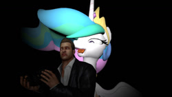 Size: 1192x670 | Tagged: safe, derpibooru import, princess celestia, alicorn, human, pony, 3d, black background, camera, crossover, dead rising, duo, frank west, gmod, simple background