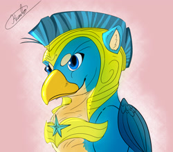 Size: 3210x2810 | Tagged: safe, artist:kiumba, derpibooru import, gallus, griffon, the last problem, armor, beak, feather, folded wings, high res, male, royal guard, royal guard armor, royal guard gallus, signature, smiling, smirk, solo, wings