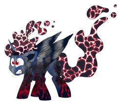 Size: 6311x5296 | Tagged: safe, artist:crazysketch101, derpibooru import, oc, oc only, oc:abyss deep, alicorn, pony, absurd resolution, alicorn oc, bubble, eyebrows, folded wings, horn, male, simple background, smoke, solo, stallion, teeth, transparent background, volcano, water, wings