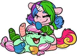 Size: 1805x1322 | Tagged: safe, artist:sexygoatgod, derpibooru import, minty, oc, oc:rainy shine, earth pony, pony, unicorn, g3, canon x oc, chibi, clothes, female, lesbian, minty (g4), mismatched socks, shipping, socks