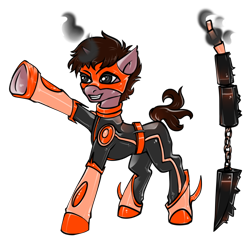 Size: 680x673 | Tagged: safe, artist:leastways, derpibooru import, oc, oc:divine retribution, oc:midnight hour, unicorn, clothes, costume, hero, power ponies oc, power pony, sword, weapon