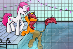 Size: 885x590 | Tagged: safe, artist:leastways, derpibooru import, oc, oc only, oc:fire lily, oc:fluid moves, earth pony, kirin, female, male, mare, shipping, stallion, swimming, swimming pool, water