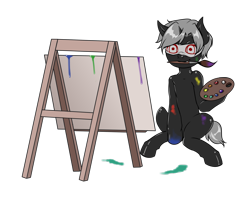 Size: 2220x1795 | Tagged: safe, artist:leastways, derpibooru import, oc, oc only, oc:pustka, unicorn, artist, blindfold, easel, mess, messy, paint, paintbrush, painting, simple background, solo, transparent background