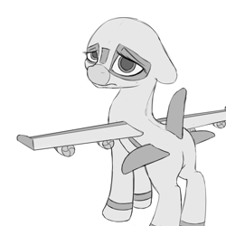 Size: 2500x2500 | Tagged: artist needed, safe, derpibooru import, oc, oc only, oc:air liner, original species, plane pony, depressed, digital art, ears, female, floppy ears, grayscale, looking at you, looking back, looking back at you, mare, monochrome, plane, sad, simple background, solo, spread wings, standing, tired, white background, wings