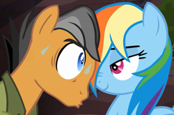 Size: 875x577 | Tagged: safe, derpibooru import, screencap, quibble pants, rainbow dash, earth pony, pegasus, pony, season 6, stranger than fan fiction, close-up, cropped, cute, dashabetes, eye contact, faic, female, lidded eyes, looking at each other, looking at someone, male, mare, out of context, quibblebetes, smug, smugdash, stallion, sweat, wet, wet mane