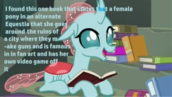 Size: 1707x961 | Tagged: safe, derpibooru import, edit, edited screencap, screencap, ocellus, twilight sparkle, oc, oc:littlepip, changedling, changeling, fallout equestria, school daze, book, castle of the royal pony sisters, fallout, implied alternate universe, implied fallout equestia, implied oc:littlepip, pony reference, solo, text, text edit, that pony sure does love books