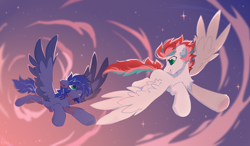 Size: 3400x1987 | Tagged: safe, artist:mirtash, derpibooru import, oc, oc:lightning flare, oc:swift apex, pegasus, pony, cloud, competition, duo, duo male, flying, looking at each other, looking at someone, looking back, male, not zipp storm, race, sky, solo, spread wings, wings