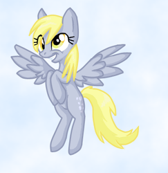 Size: 388x400 | Tagged: safe, artist:tami-kitten, derpibooru import, derpy hooves, pegasus, pony, female, floating, mare, simple background, smiling, solo